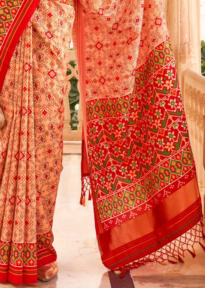 Apricot Pink Printed Patola Saree