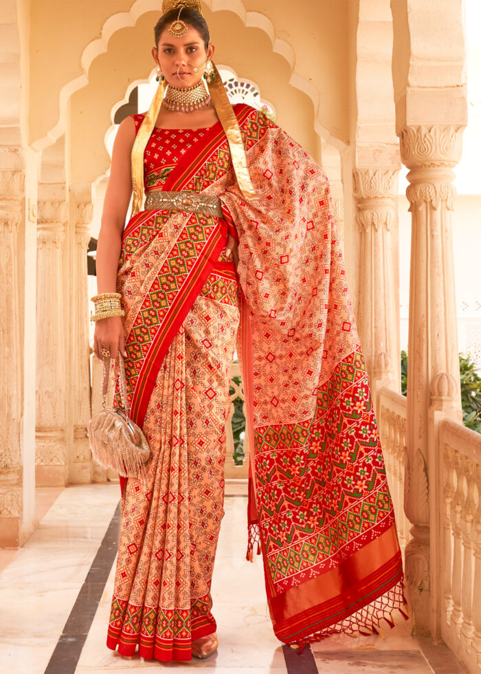 Apricot Pink Printed Patola Saree