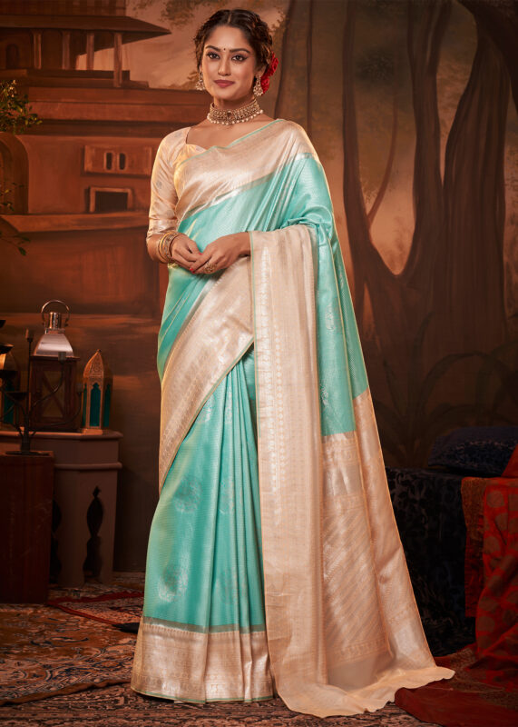 Aqua Green Woven Kanjivaram Silk Saree