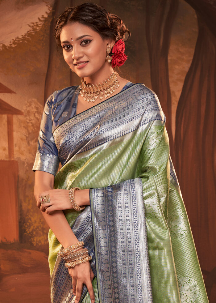 Basil Green Woven Kanjivaram Silk Saree