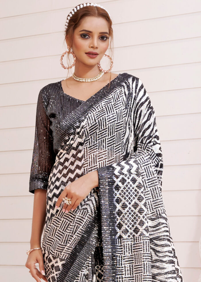 Black White Designer Sequins Saree