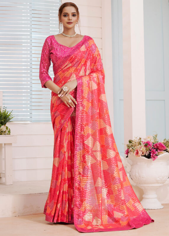 Cerise Pink Designer Sequins Saree