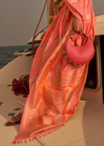 Coral Peach Banarasi Satin Silk Saree