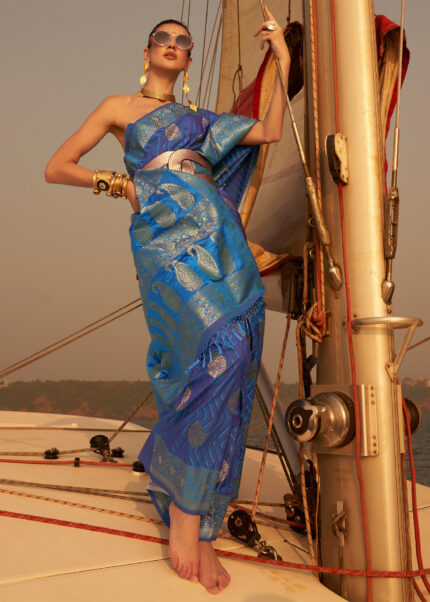 Dazzling Blue Banarasi Satin Silk Saree