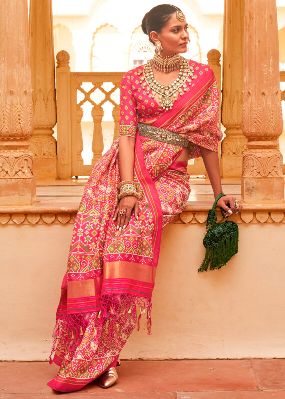 Flamingo Pink Printed Patola Saree