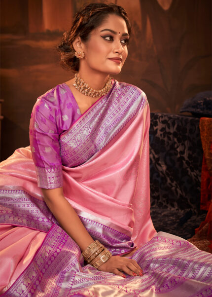 Flamingo Pink Woven Kanjivaram Silk Saree