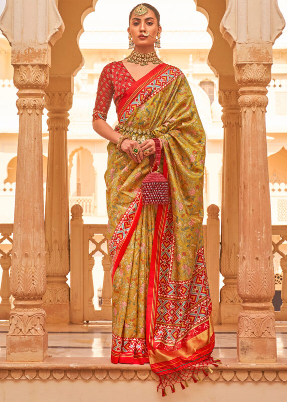 Golden Green Printed Patola Saree