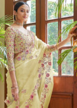 Lime Yellow Embroidered Organza Saree