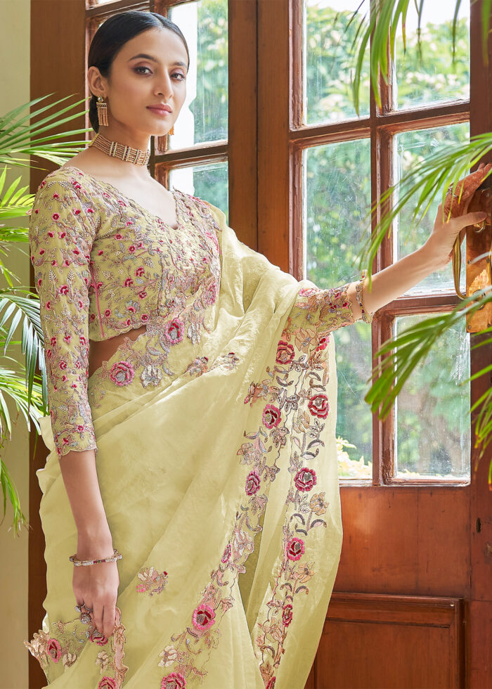 Lime Yellow Embroidered Organza Saree