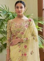 Lime Yellow Embroidered Organza Saree