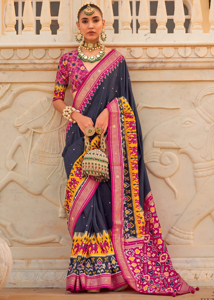 Navy Blue Printed Patola Saree