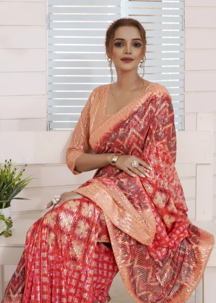 Peach Designer Sequins Saree