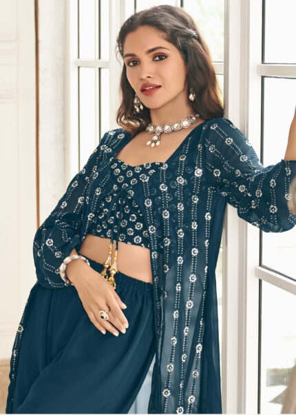 Regal Blue Crop Top Sharara with Shrug