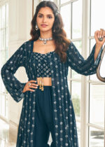 Regal Blue Crop Top Sharara with Shrug