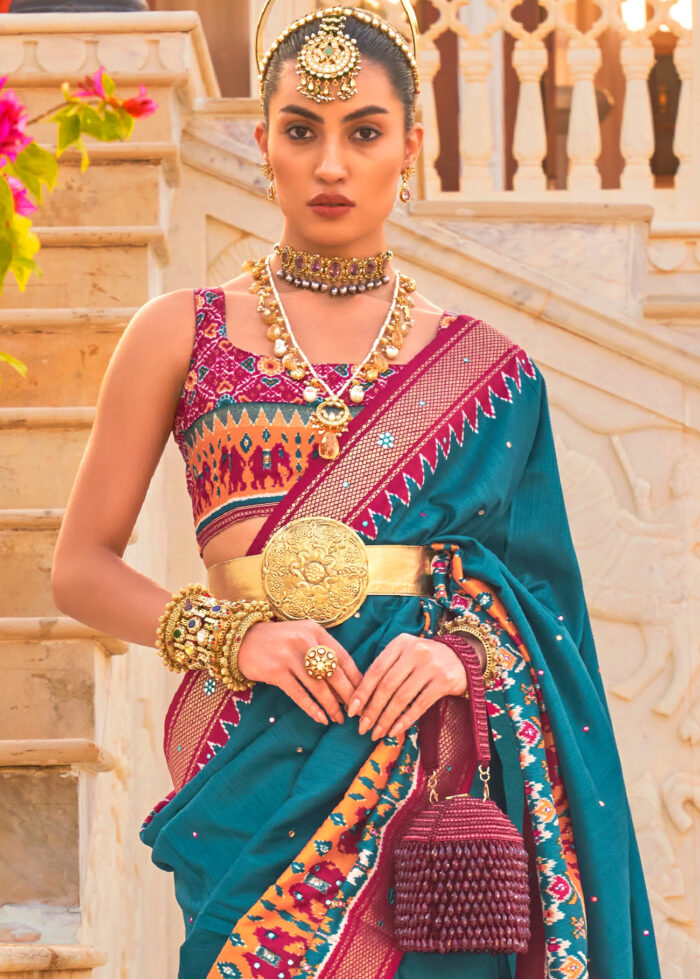 Teal Blue Printed Patola Saree