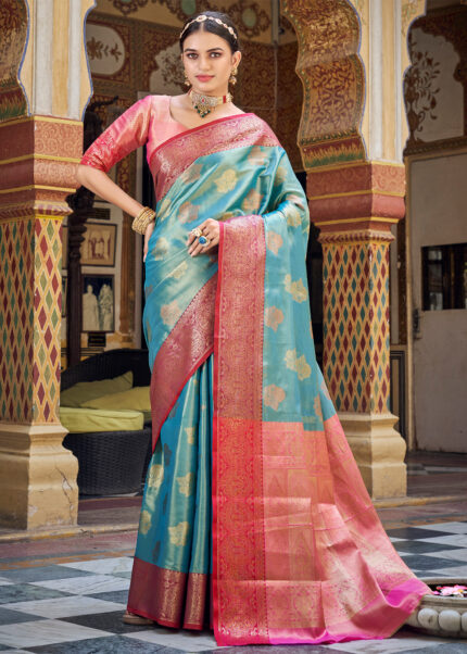 Turquoise Blue Banarasi Tissue Silk Saree