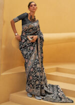 Black Lucknowi Chikankari Silk Saree