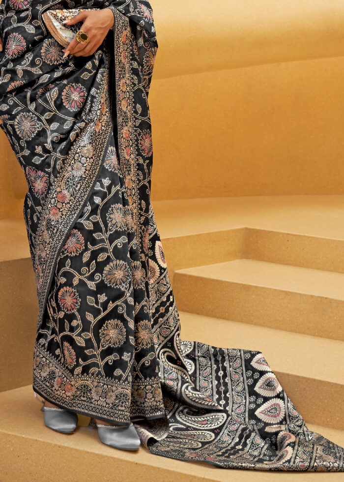 Black Lucknowi Chikankari Silk Saree