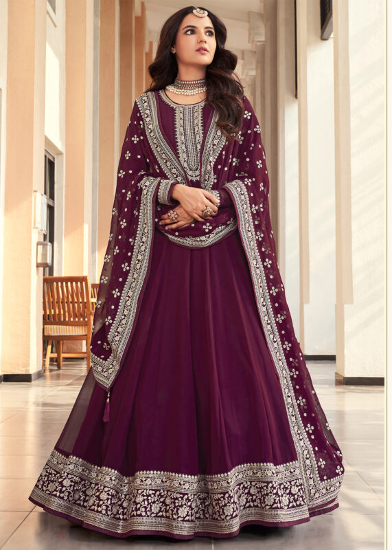 Claret Red Embroidered Anarkali Suit