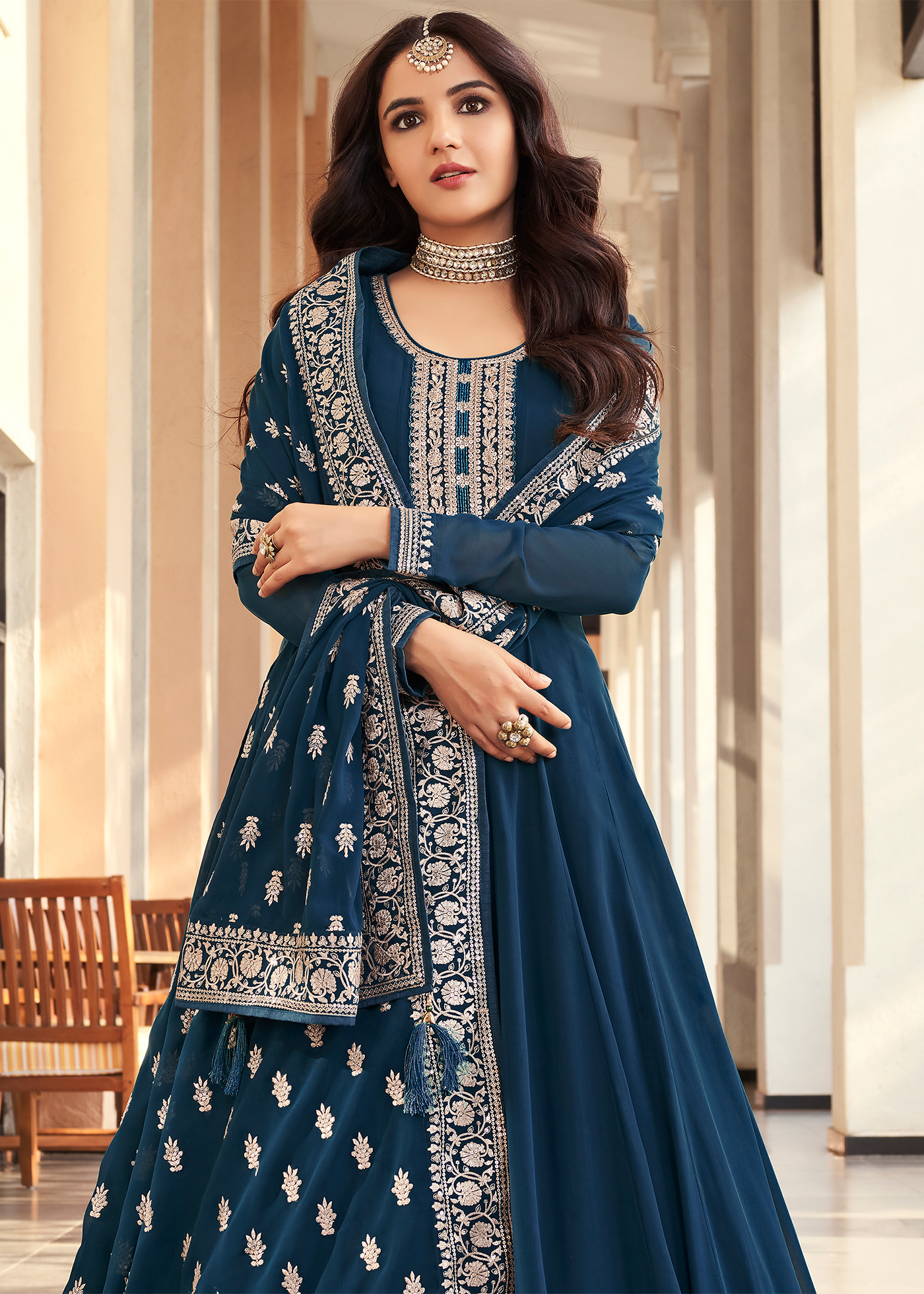 Cobalt Blue Embroidered Anarkali Suit