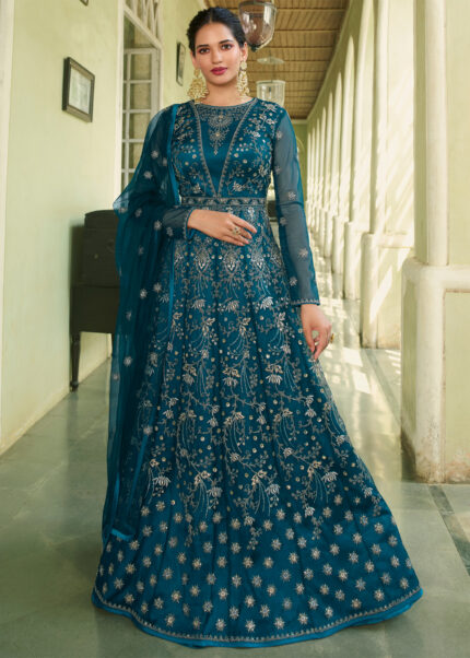 Coral Blue Heavy Embroidery Anarkali