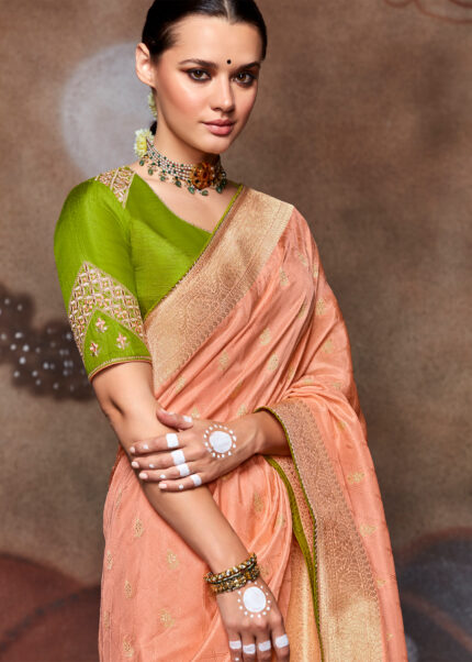 Coral Peach Banarasi Dola Silk Saree