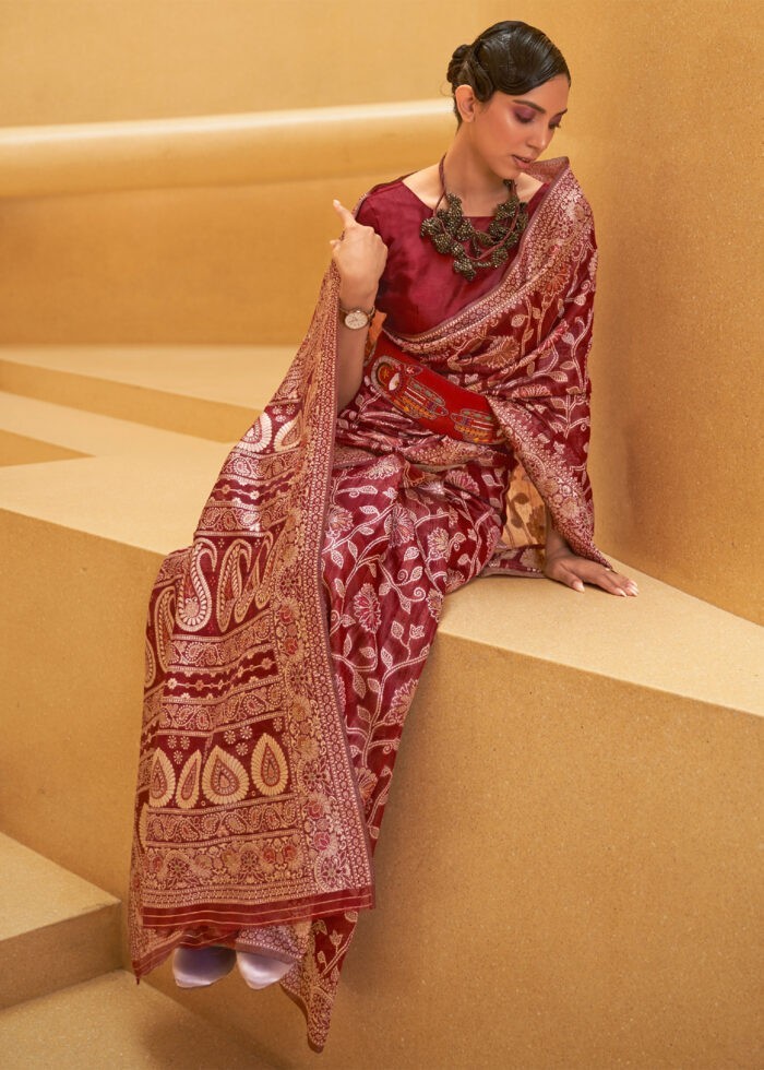 Crimson Red Lucknowi Chikankari Silk Saree