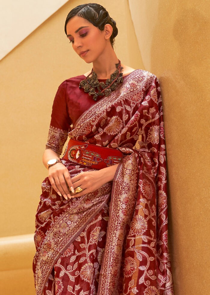 Crimson Red Lucknowi Chikankari Silk Saree