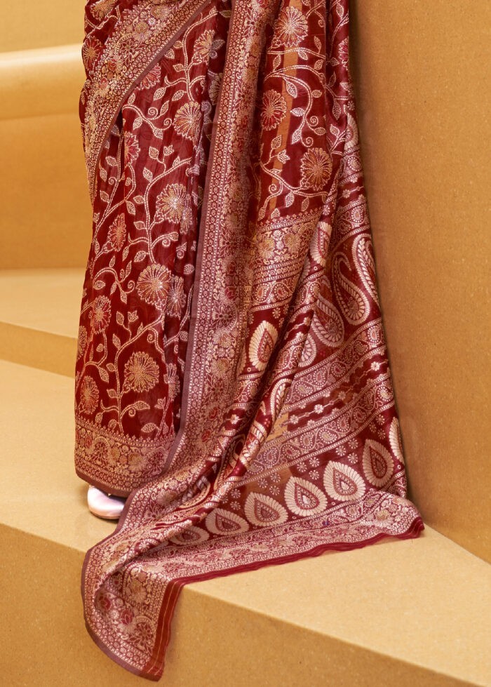 Crimson Red Lucknowi Chikankari Silk Saree