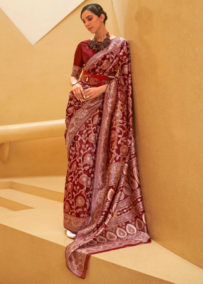 Crimson Red Lucknowi Chikankari Silk Saree