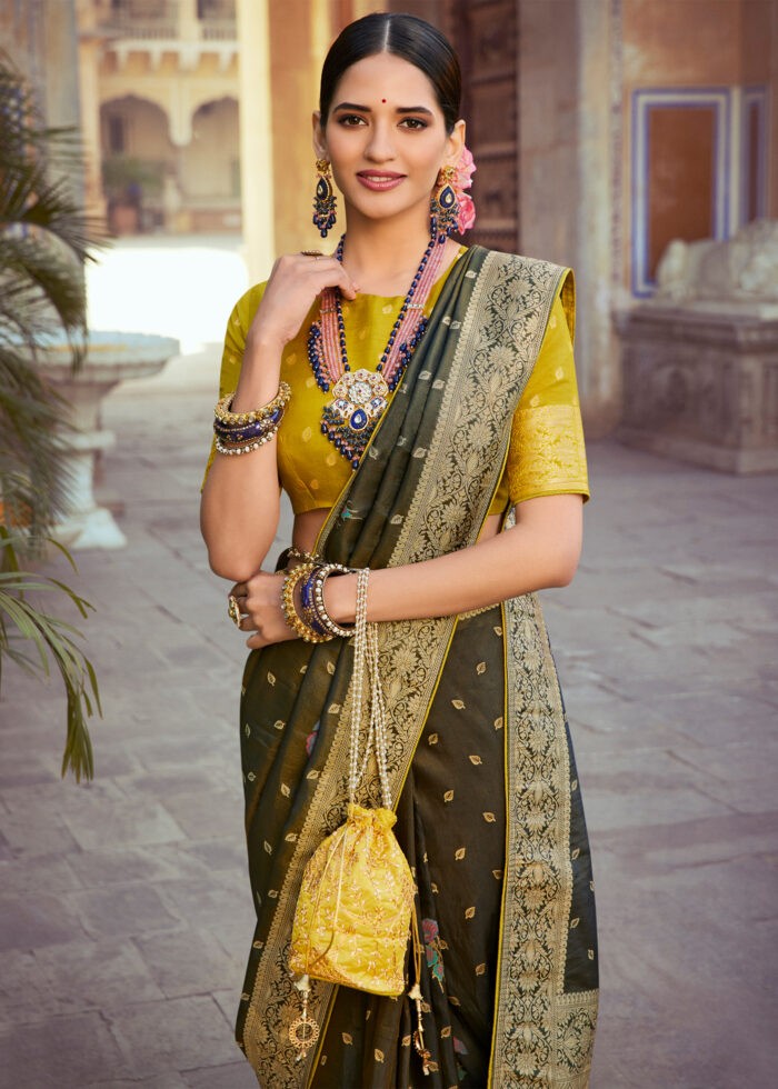 Dark Olive Green Banarasi Tissue Silk Saree