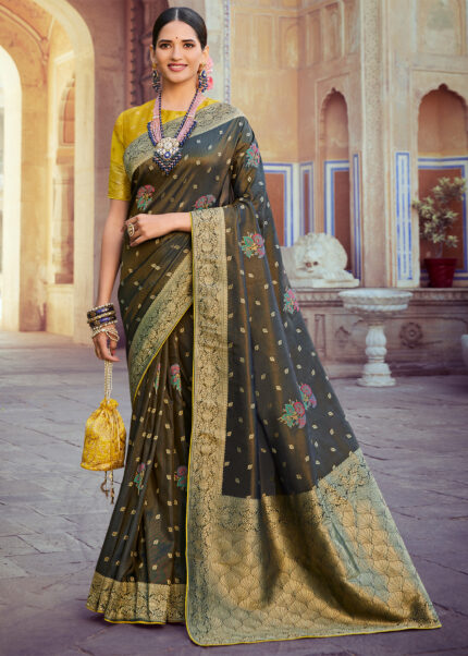 Dark Olive Green Banarasi Tissue Silk Saree