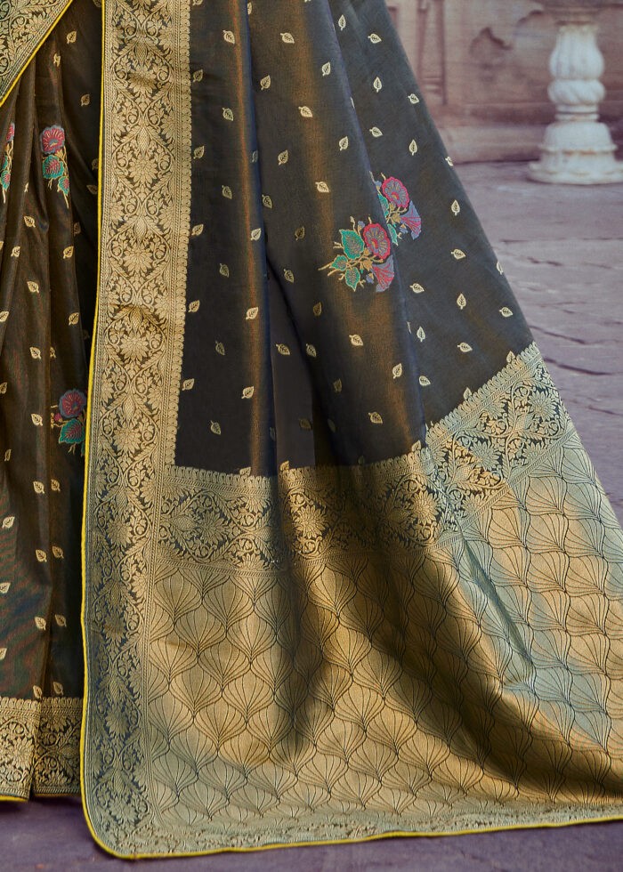 Dark Olive Green Banarasi Tissue Silk Saree