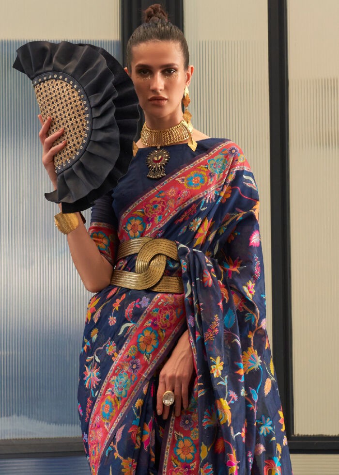 Deep Blue Kashmiri Jamawar Silk Saree