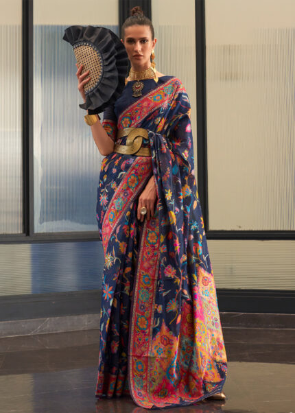 Deep Blue Kashmiri Jamawar Silk Saree