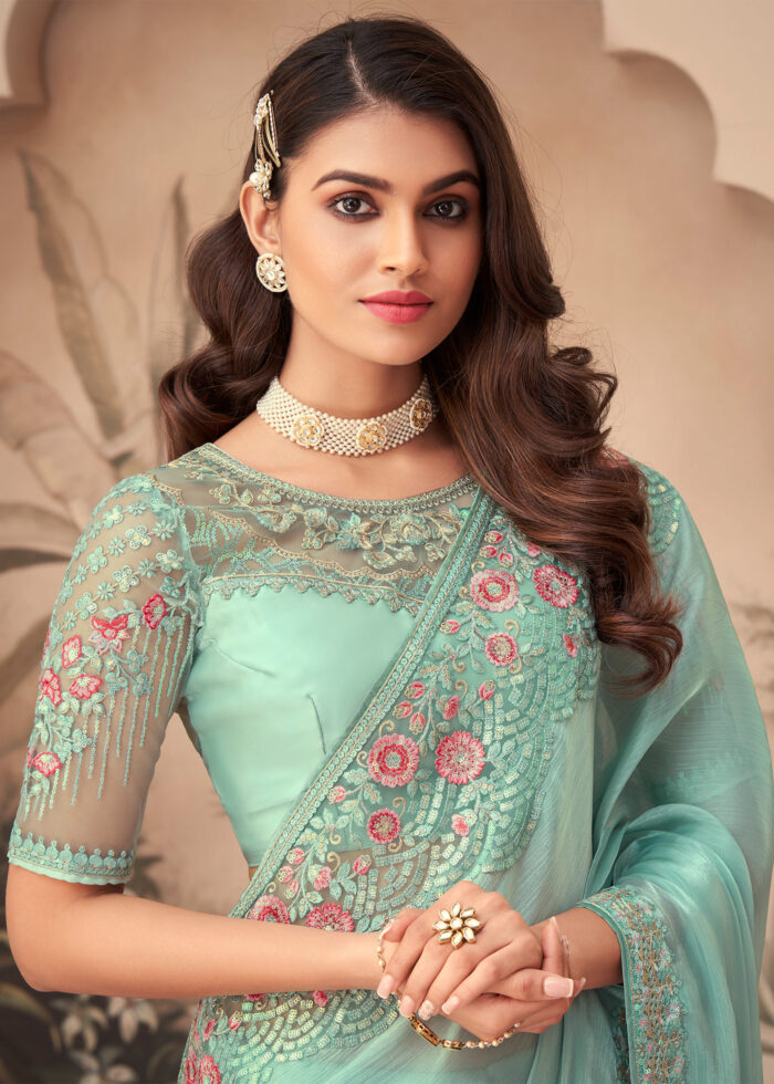 Dusty Green Embroidered Saree