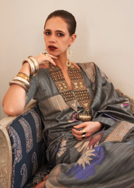 Gray Banarasi Silk Handloom Saree