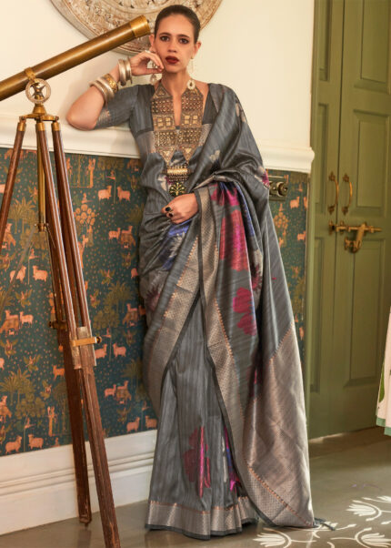 Gray Banarasi Silk Handloom Saree