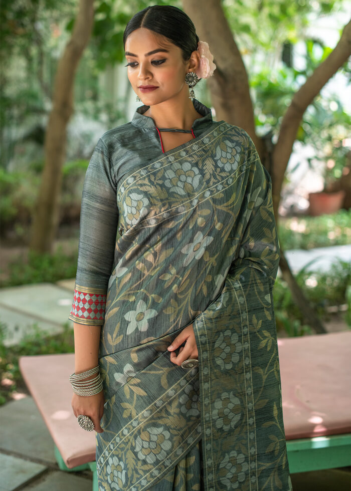 Gray Jamdani Tussar Silk Saree