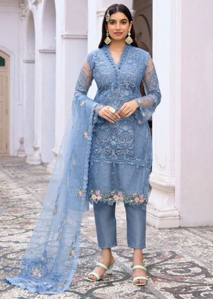 Light Steel Blue Embroidered Suit