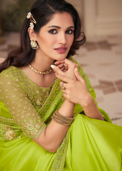 Lime Green Embroidered Saree