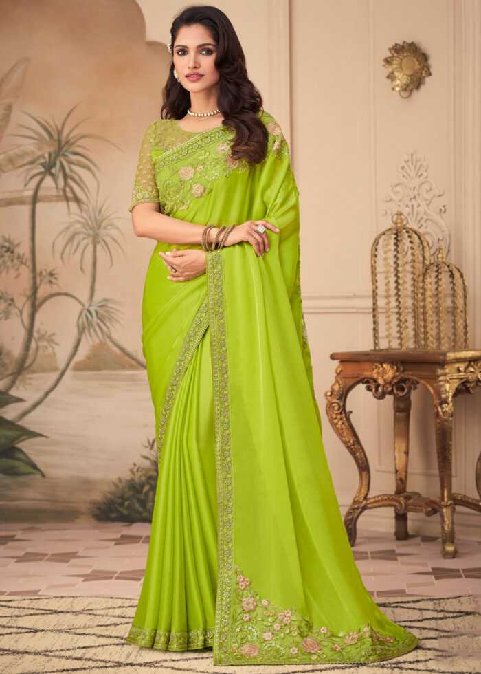 Lime Green Embroidered Saree