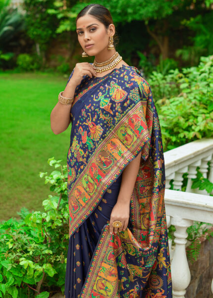 Navy Blue Kashmiri Jamawar Silk Saree