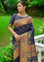 Navy Blue Kashmiri Jamawar Silk Saree