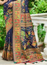 Navy Blue Kashmiri Jamawar Silk Saree