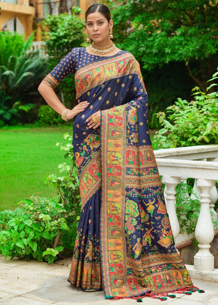 Navy Blue Kashmiri Jamawar Silk Saree