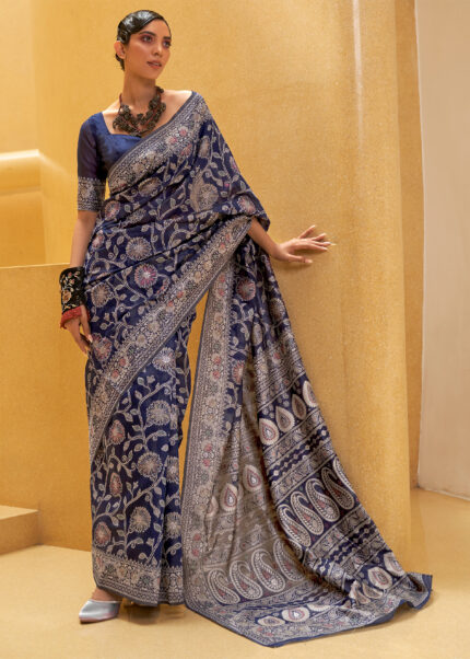 Navy Blue Lucknowi Chikankari Silk Saree