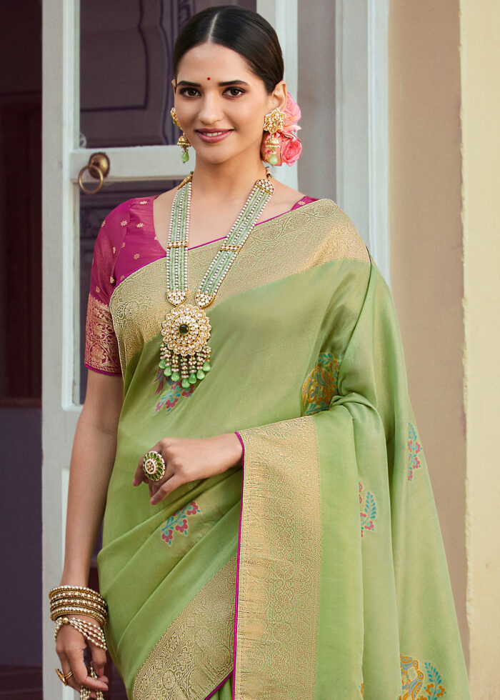 Palm Leaf Green Banarasi Tissue Silk Saree