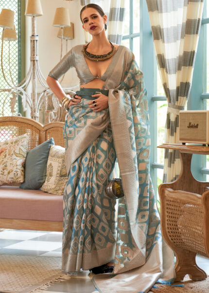 Pastel Blue Banarasi Tissue Silk Saree