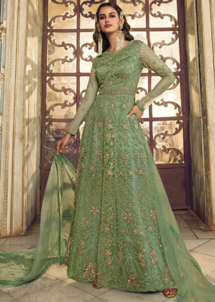 Pastel Green Heavy Embroidery Anarkali